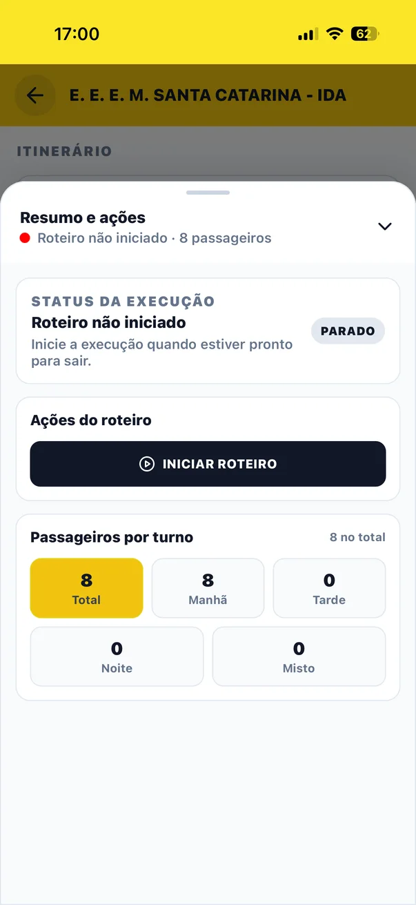 Tela de execução de roteiro no aplicativo para transporte escolar Clickvan