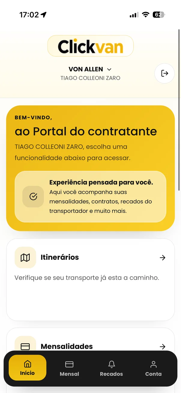 Portal do responsável no aplicativo Clickvan