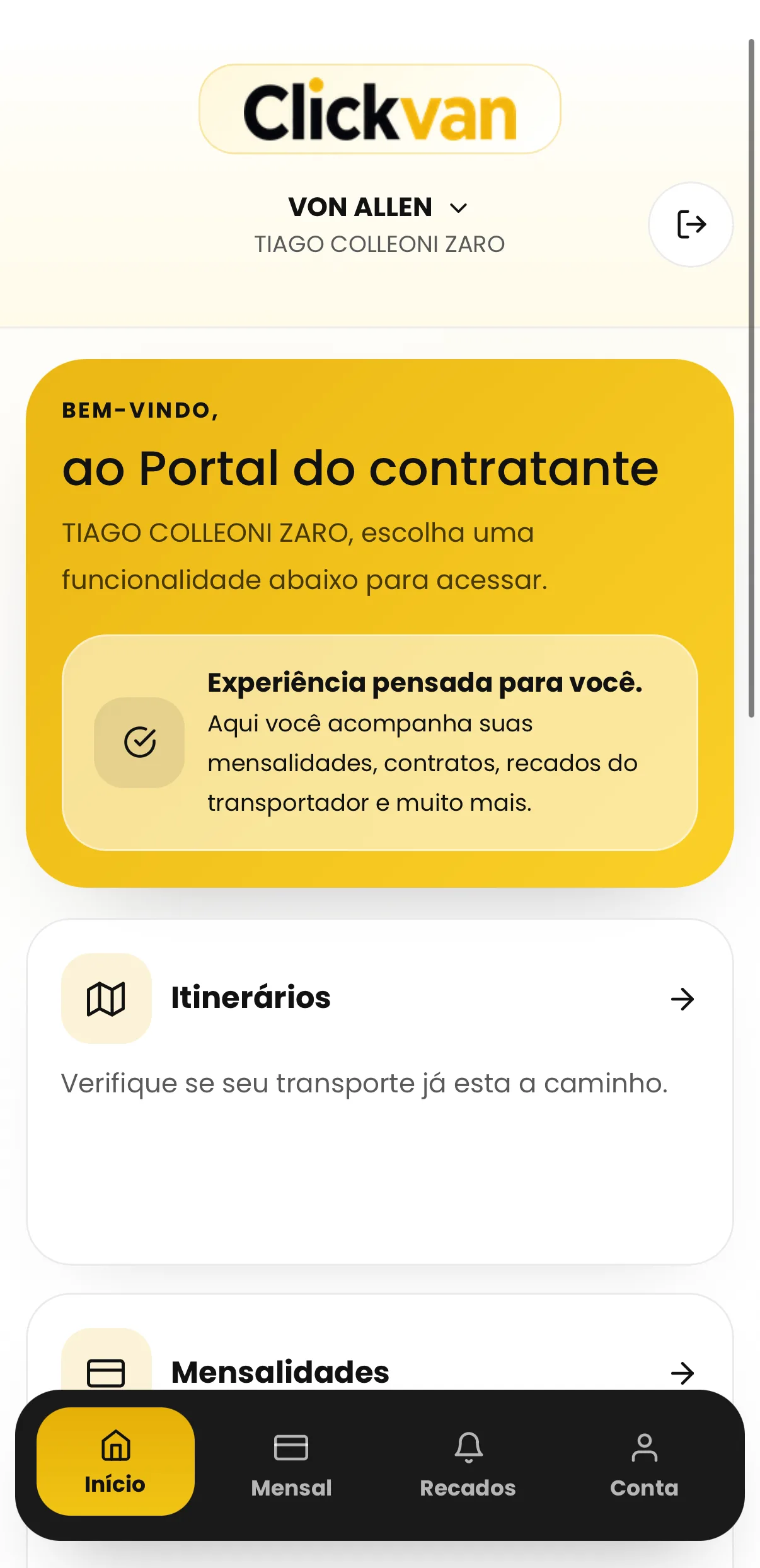 Tela inicial do aplicativo Clickvan para o contratante do transporte escolar
