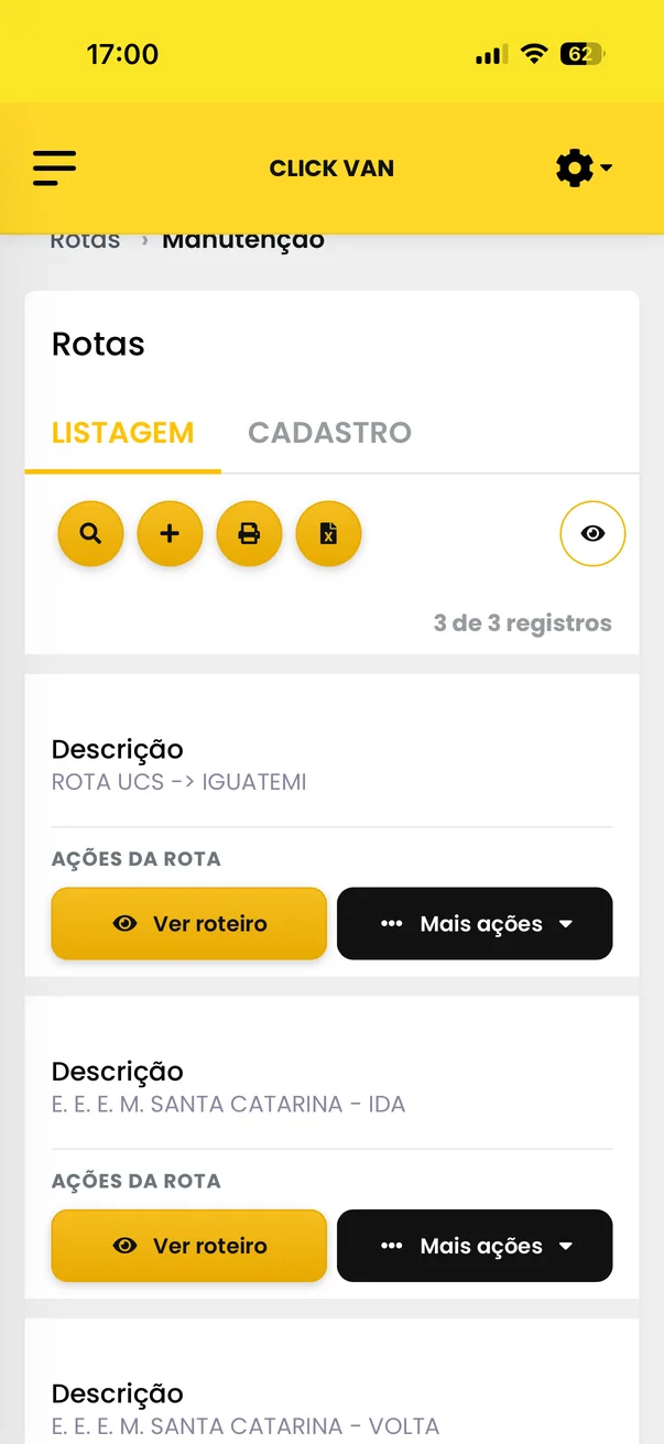 Lista de rotas no aplicativo Clickvan
