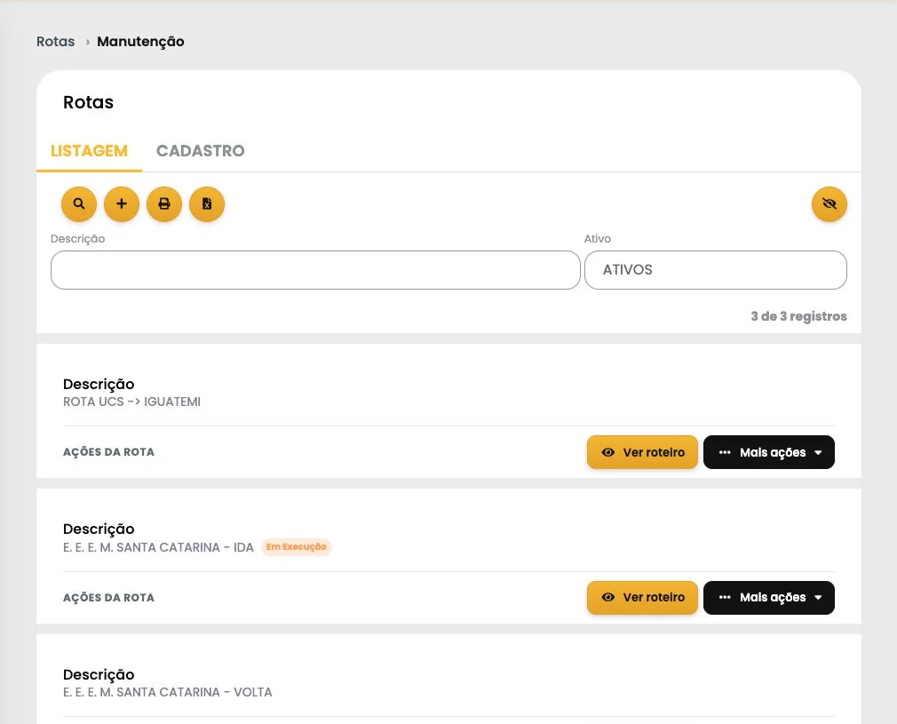 Listagem e manutenção de rotas no painel Clickvan